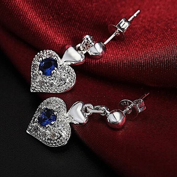 Sterling Silver Sapphire Heart Necklace Earrings Matching Set - Picture 4 of 6